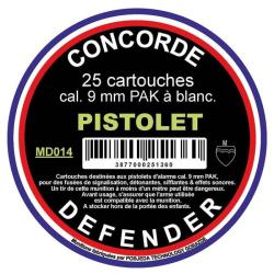 Cartouches &agrave; blanc Concorde Defender - Cal. 9 mm PAK - 25