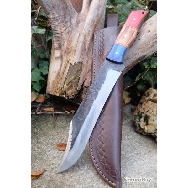 BIG Couteau Buscharft Survie Bowie Lame Acier Carbone 1075 Etui Cuir Manche 3 Bois Fabric Artisanale