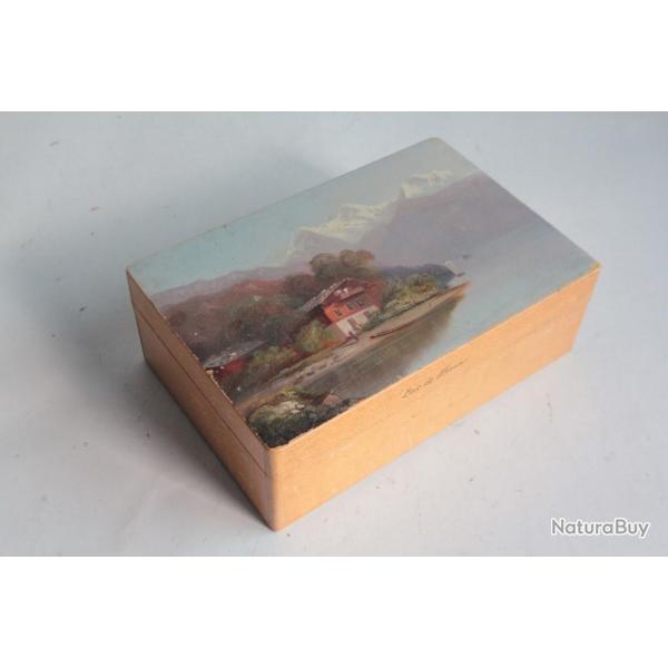 Boite bois peint paysage Lac de Thoune Alpes Suisse
