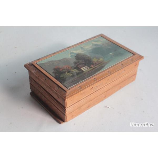 Boite bois peint paysage Lac de Thoune Alpes Suisse
