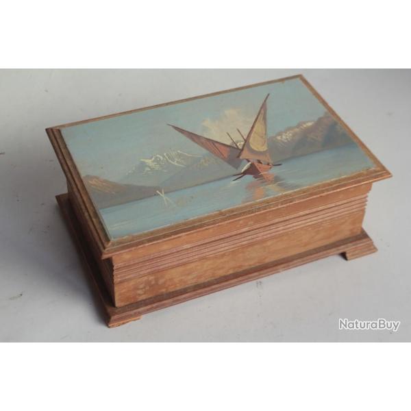 Boite bois peint paysage Barque L�man Suisse