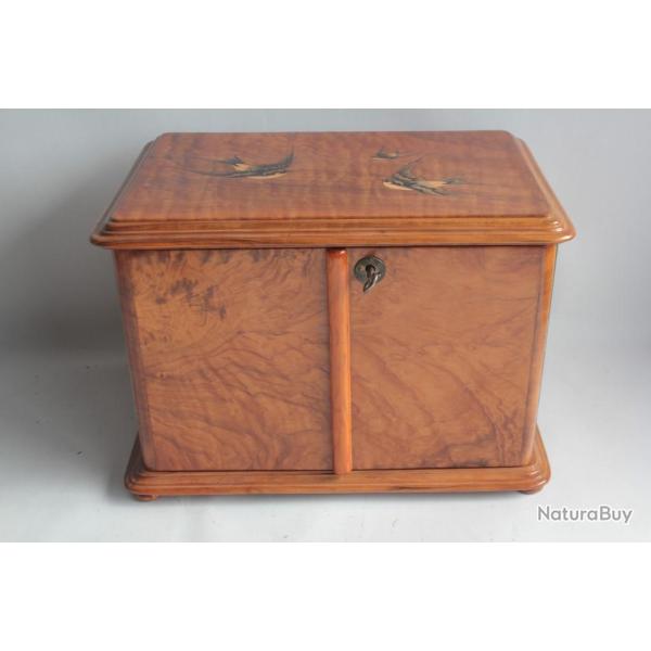 Coffret loupe de bois marqueterie Hirondelles Art Dco