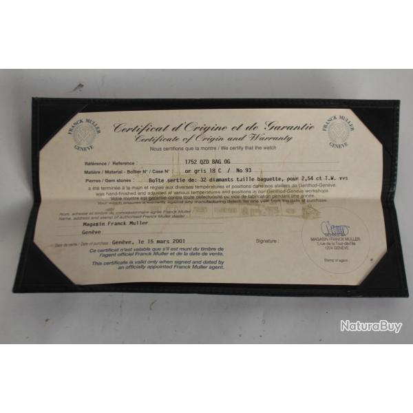 FRANCK MULLER Certificat d'origine Garantie Montre 1752 QZD BAG OG
