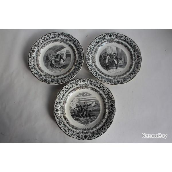 3 Assiettes fa�ence Chansons de B�ranger Gien XIXe si�cle