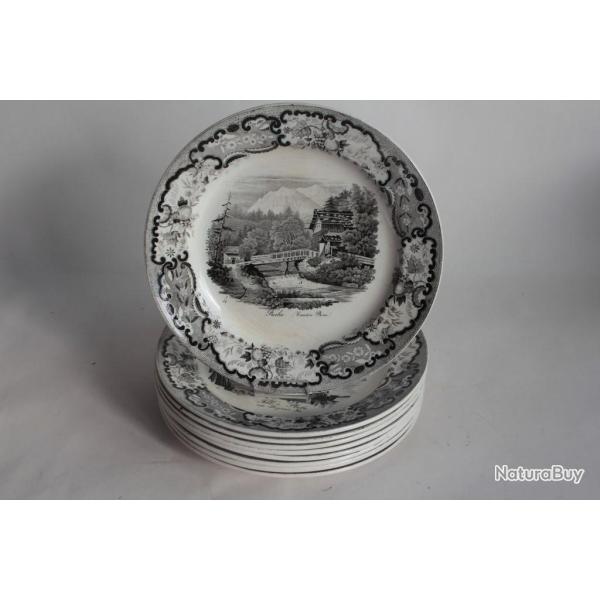 9 Assiettes faence Vues Suisse Davenport XIXe sicle