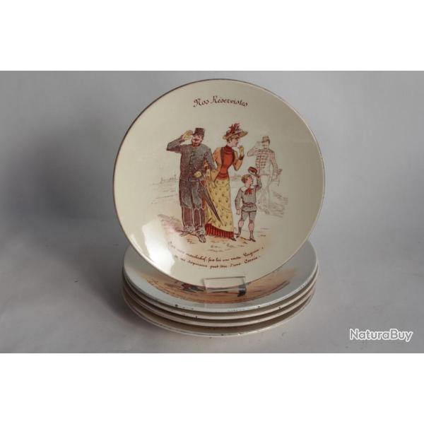 5 Assiettes parlantes Nos rservistes faence Lunville XIXe sicle