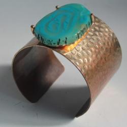 Bracelet manchette cuivre martelé bleu turquoise vintage