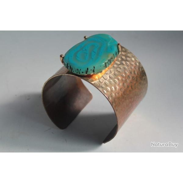 Bracelet manchette cuivre martel bleu turquoise vintage