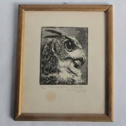 Bois grav&eacute; original P. Vautier Hibou grand duc