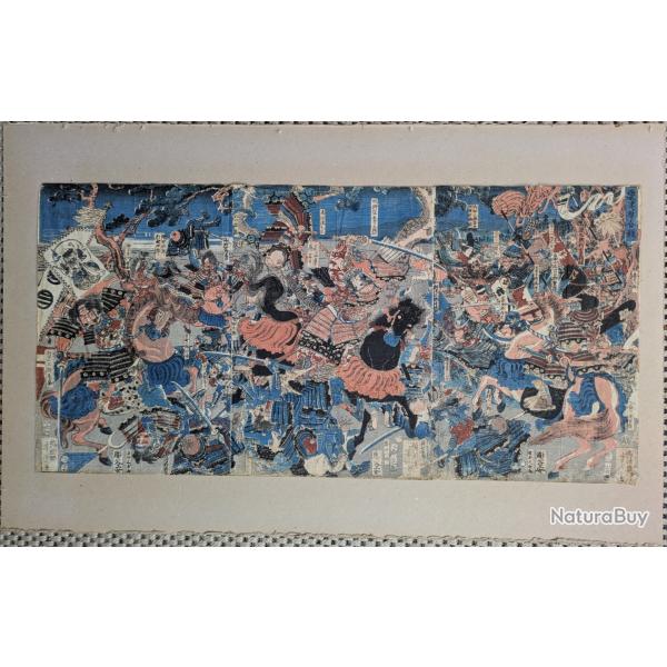 Estampe japonaise originale Bataille Awazugahara YOSHITORA