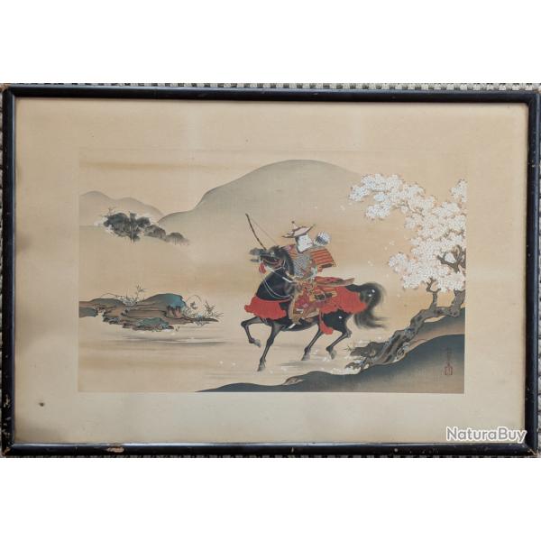 Estampe/Aquarelle japonaise originale Yoshitune � cheval pr�s d'un cerisier en fleurs KIITSU