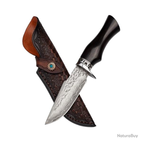Couteau TAKOMA acier damass� original 60 HRC - manche en bois noir - pour la chasse/collection