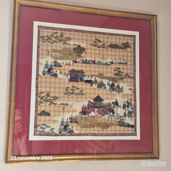 Foulard japonnais en soie achet� au Japon, �poque Edo 1600-1868, repr�sentant un d�placement offi