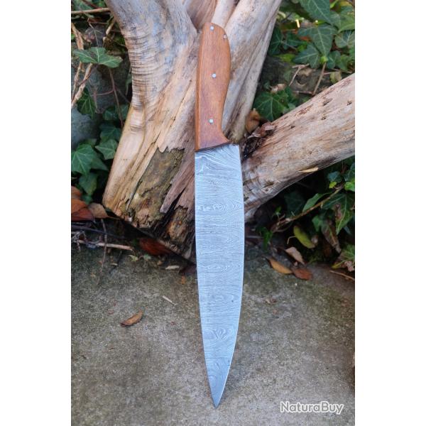 Couteau De Cuisine de Chef Lame Acier Damas 256 Couches Manche Bois Fabrication Artisanale