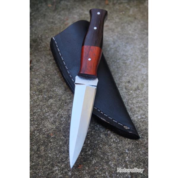 Stylet Couteau Dague de Poche Lame Acier Carbone 1075 Manche Bois Etui Cuir Fabric Artisanale