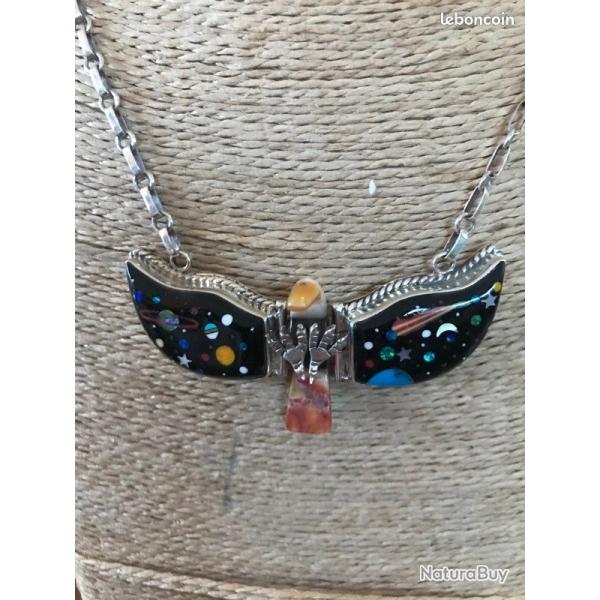 Pendentif aigle am�rindien � cosmos � polychrome �maux sur argent sterling 925