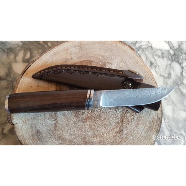 Couteau damas manche en bois neuf avec tui