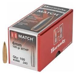 Ogives HORNADY 6mm .243 105grs BTHP 2458 - bo&icirc;te de 100 unit&eacute;s