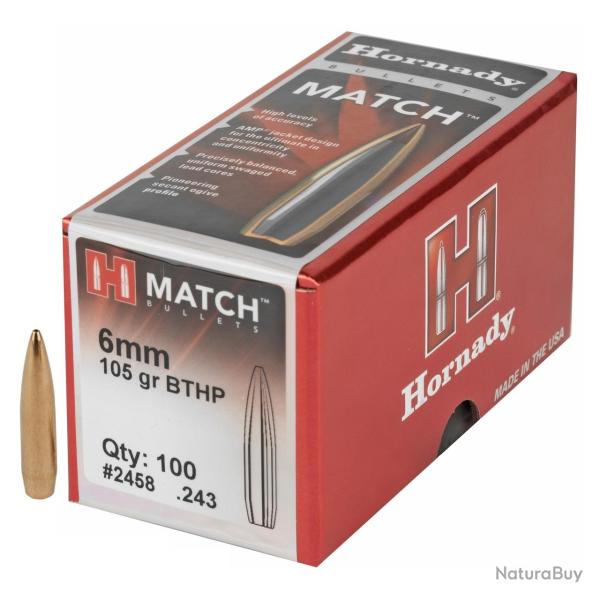 Ogives HORNADY 6mm .243 105grs BTHP 2458 - bo�te de 100 unit�s
