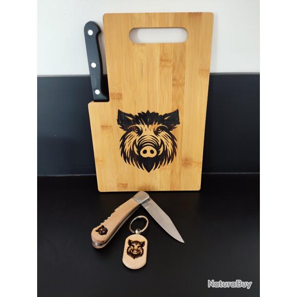 Coffret chasseur - Planche  dcouper, couteau et porte-cls sanglier - Cadeau chasse personnalis -