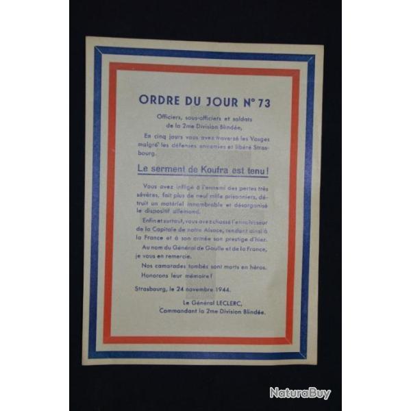 DOCUMENT 2� DIVISION BLINDEE-SERMENT DE KOUFRA ORDRE DU JOUR N� 73-GENERAL LECLERC - 2� DB