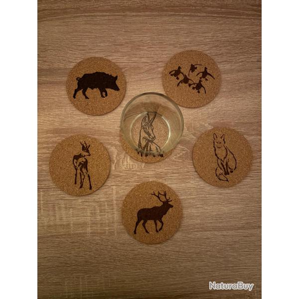 6x Dessous de verre motif au choix sanglier chevreuil cerf chamois renard canard en lige promo !
