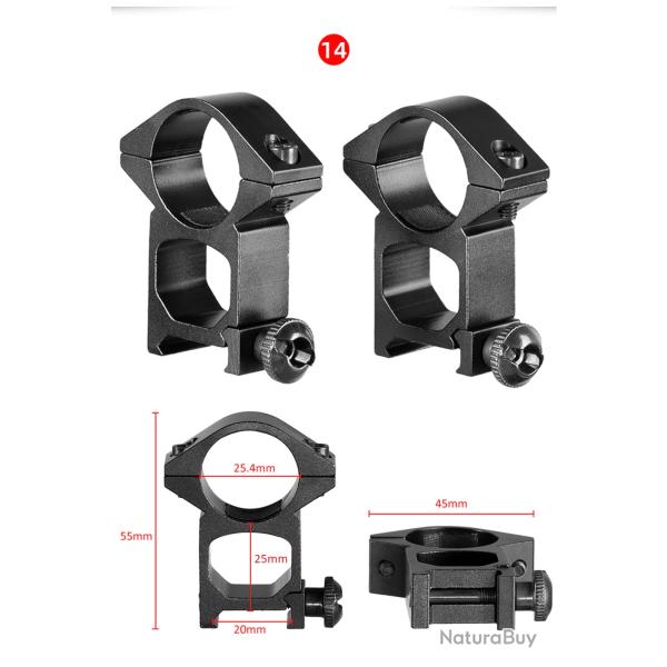 Colliers de montage diam�tre 25.4mm-rail Weaver ou Picatinny-haut 25mm