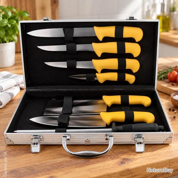 Mallette du boucher 7 pi�ces en inox avec tige d'affilage