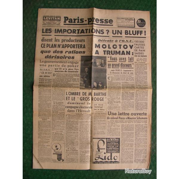 WW2/POST FRANCE JOURNAL FRANCAIS " PARIS PRESSE 25 OCTOBRE 1946 " �POQUE APRES GUERRE