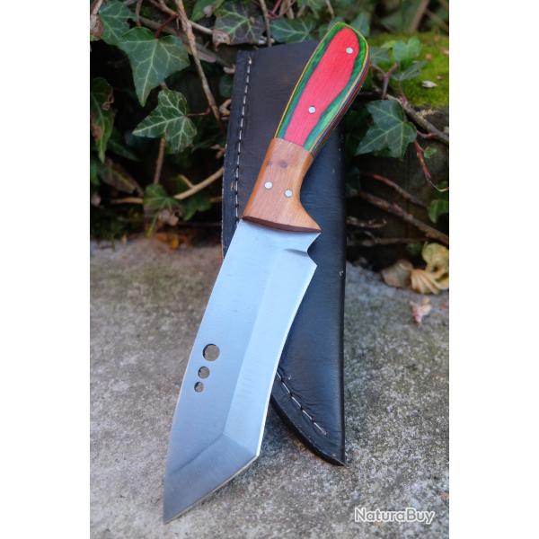 Couteau Tanto Tactical Urban Lame Acier Carbone 1055 Manche Bois Automne Etui Cuir Fabr Artisanale