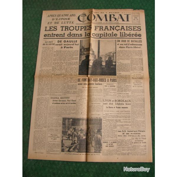 WW2 FRANCE JOURNAL FRANCAIS " COMBAT 25 AOUT 1944 " �POQUE LIB�RATION (39-45)