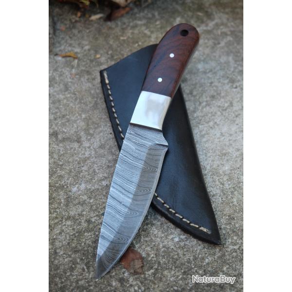 Couteau Skinner Damas Lame Drop Point Acier 256 Couches Manche Bois/Acier Etui Cuir F ArtisanaleA