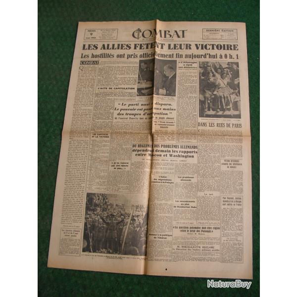 WW2 FRANCE JOURNAL FRANCAIS " COMBAT 9 MAI 1945 " �POQUE APRES GUERRE J+1 (39-45)