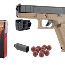 Pack Laser D&eacute;fense Pistolet Glock 17 Gen5 Coyote - Calibre 9mm PAK + 50 Munitions + Embout Self-Gomm
