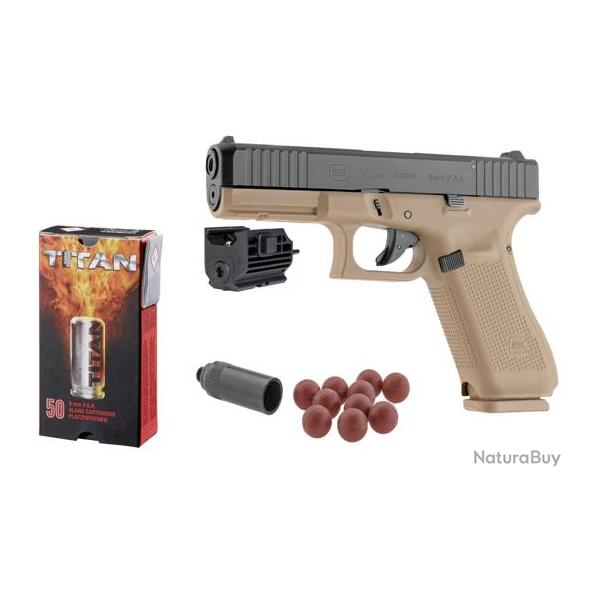 Pack Laser D�fense Pistolet Glock 17 Gen5 Coyote - Calibre 9mm PAK + 50 Munitions + Embout Self-Gomm