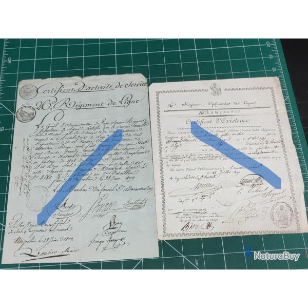 1ER EMPIRE 1807/ 1809 26 EME REGIMENT DE LIGNE 2 CERTIFICATS DE SERVICE (D'EXISTENCE) FUSILIER BELGE