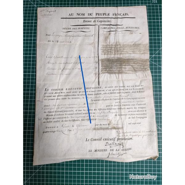 1792 BREVET DE CAPITAINE , OFFICIER 17 EME REGIMENT DE CAVALERIE LA M�ME ANNEE QUE BONAPARTE, VALMY