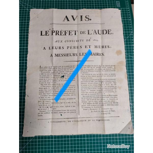 AVIS DU PREFET DE L'AUDE AUX CONSCRITS DE 1809, IMPRIMERIE DE CARCASSONNE
