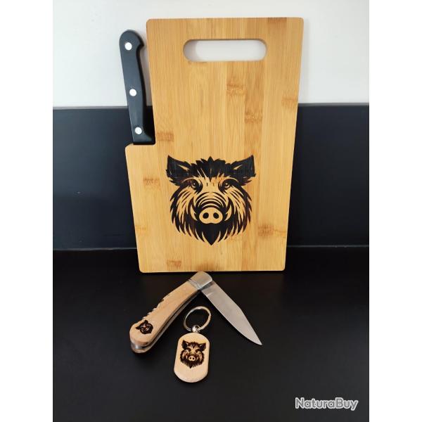 Coffret chasseur - Planche � d�couper, couteau et porte-cl�s sanglier - Cadeau chasse personnalis� 1