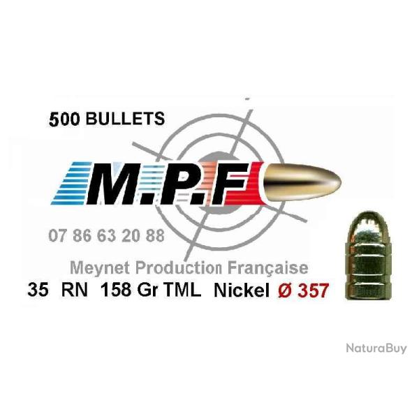 500 Balles MPF Ogives cuivres nickeles 38 RN 158 Gr  357" en promo et port gratuit jusqu' Noel