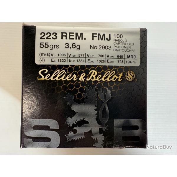 SELLIER BELLOT 223R FMJ 55GR 3.6G BOITE DE 100 BALLES VENDU PAR 10 BOITES FRAIS DE PORT OFFERT