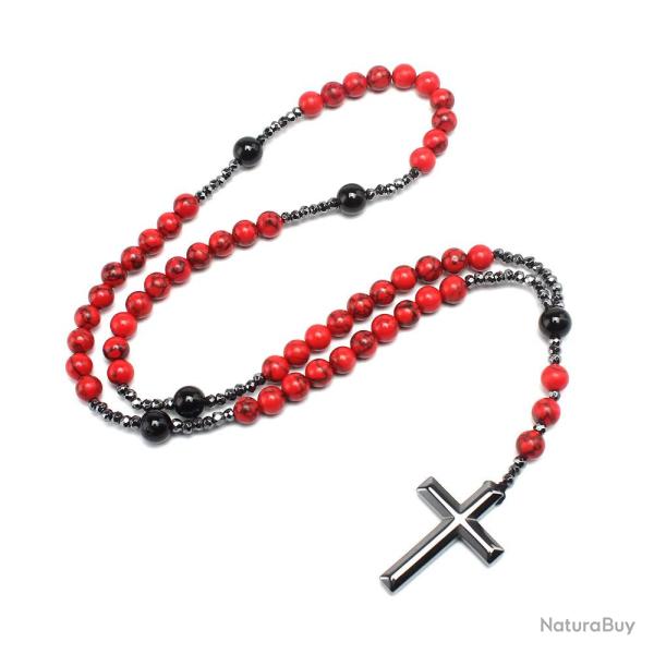 Chapelet en Turquoise Rouge Naturelle - Croix en H�matite