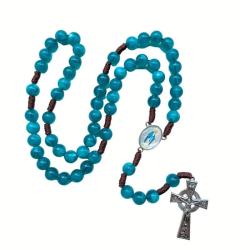 Chapelet Bleu Vierge Marie - Perles Acrylique 10 mm et Croix Argent&eacute;e