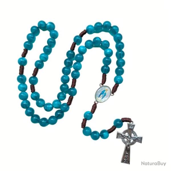 Chapelet Bleu Vierge Marie - Perles Acrylique 10 mm et Croix Argent�e