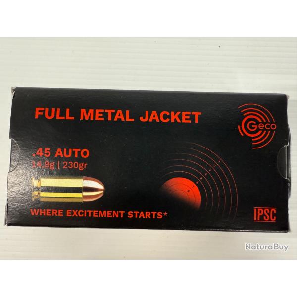 GECO CAL 45 ACP 14.9G/230GR FMJ VENDU PAR 2 BOITES DE 50 BALLES FRAIS DE PORT OFFERT