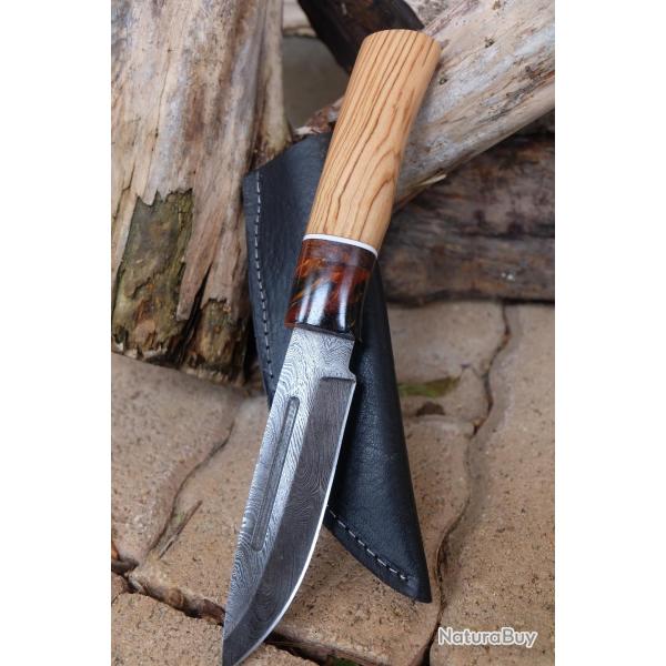 Puukko XXL Couteau Damas Lame 256 Couches Lame Drop Point Manche Olivier Fabric Artisan Etui Cuir