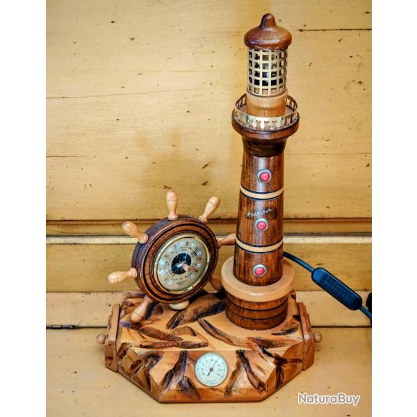 lampe 220v Cotier phare marin 1950 Barometre en bois tourn� souvenir HONFLEUR" vers 1950-60