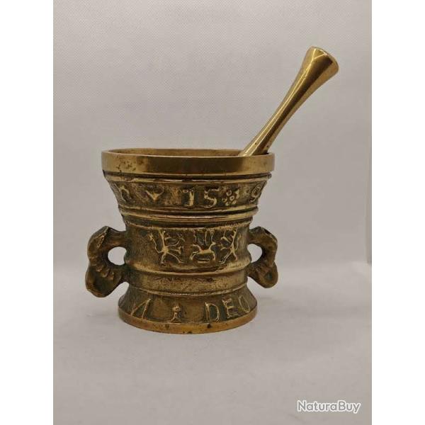 Ancien Mortier Bronze & son Pilon XIXem / objet d'apothicaire
