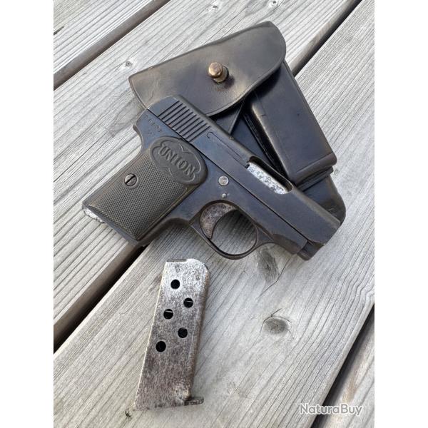Pistolet "UNION I" avec son tui cuir calibre 25ACP / 6,35mm - MISE A PRIX 1 EURO !