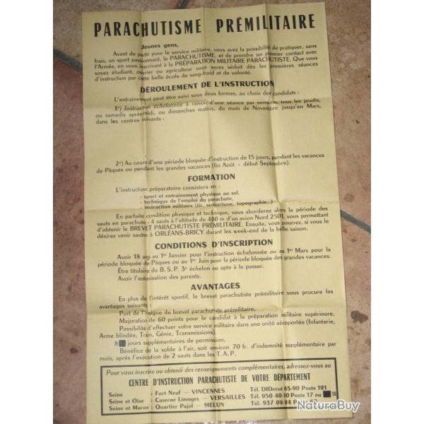 1960 : Rare affiche de recrutement pour la pr�paration militaire parachutiste.